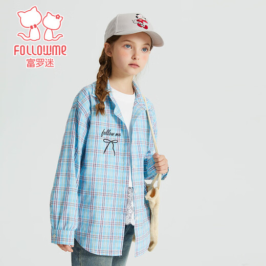 Fuluomi Spring and Autumn Girls' Fun Letter Loose Small Fresh Striped Shirt Blue Check 120