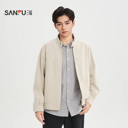 SANFU 2026 Spring Men's Imitation Camel Leather Jacket Casual Loose Stand Collar Jacket 523038 Light Gray M