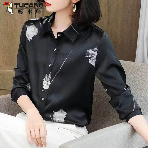 Woodpecker 2026 spring heavyweight women's shirt long-sleeved rose print fashionable Western style large size top non-velvet women's shirt white long-sleeved 05 style S recommended 75-85Jin Jin equals 0.5 kg