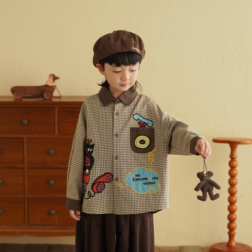 Yantaijia children's clothing boys' coffee color plaid long-sleeved shirt 2026 spring new style children's clothing children's shirt coffee color 130
