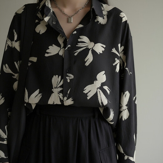 Nishimachi Village House (SETIROM) Casual Shirt Women's Spring New Retro Contrast Print Long-Sleeved Shirt HA9103045 Black Background White Flowers One Size