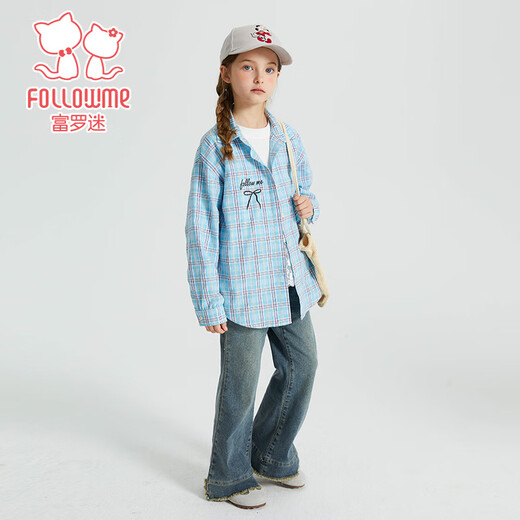 Fuluomi Spring and Autumn Girls' Fun Letter Loose Small Fresh Striped Shirt Blue Check 120