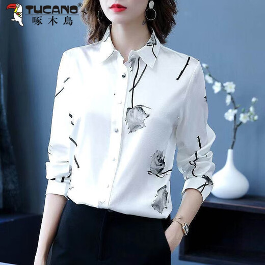 Woodpecker 2026 spring heavyweight women's shirt long-sleeved rose print fashionable Western style large size top non-velvet women's shirt white long-sleeved 05 style S recommended 75-85Jin Jin equals 0.5 kg