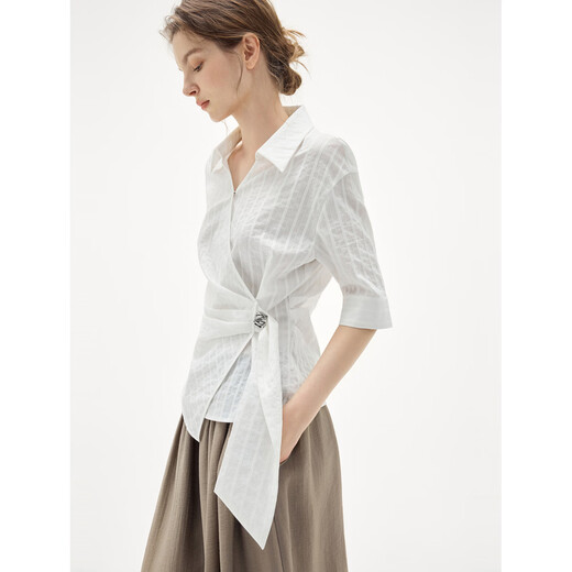 ELLE French Textured Ribbon Waist Shirt Women's 2026 Summer New Irregular Design Lapel Shirt White M