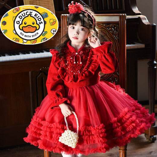 HAL.DUCK Girls' Velvet Princess Dress Winter Clothes 2025 New Children's Red New Year's Dress Girls' Mesh Puff Skirt Red 100 cm
