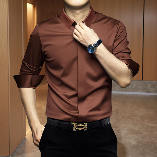 GEA light luxury men's shirt men's elastic slim fit seamless ironing-free anti-wrinkle business casual solid color men's long-sleeved shirt dark blue M recommended 120Jin Jin is equal to 0.5 kg within