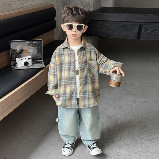 Boys spring and autumn plaid shirt 2026 new children's clothing handsome top baby Korean style long-sleeved shirt trendy khaki shirt 90 cm