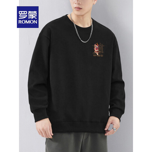 ROMON 2026 new round neck sweatshirt men's national fashion lion dance hooded top autumn and winter spring and autumn style lion dance Hong Kong fashion brand black - - round * collar - lucky lion regular M 90-120Jin Jin is equal to 0.5 kg