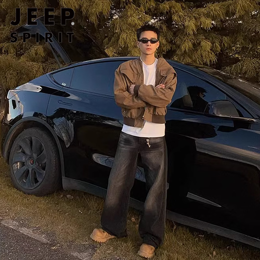 JEEP SPIRITcleanfit American stand collar work jacket men's spring and autumn short executive Detroit jacket baseball uniform brown high quality M