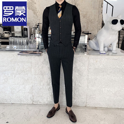 ROMON suit men's three-piece Korean style slim-fitting business professional interview formal striped suit groom's wedding dress dark gray one-piece suit M