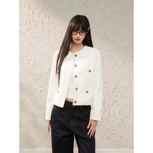 MONZO international high-end brand spring new top-stitched white denim jacket round neck casual jacket top short coat white S