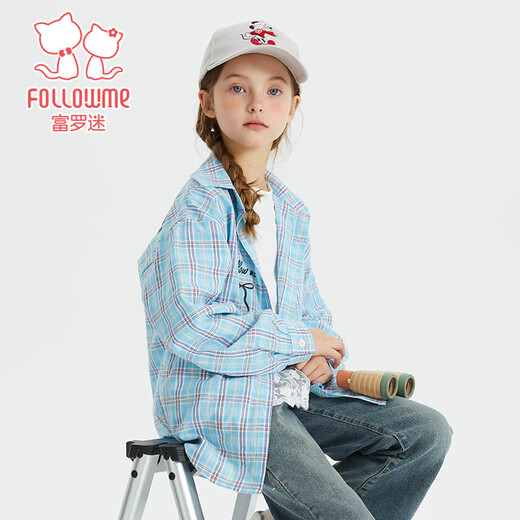 Fuluomi Spring and Autumn Girls' Fun Letter Loose Small Fresh Striped Shirt Blue Check 120