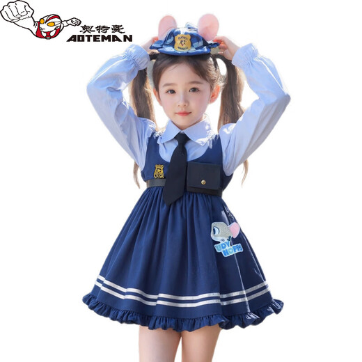 Ultraman Girls Zootopia Rabbit Police Officer Lolita Princess Dress 2026 Spring and Autumn New Girl Judy Dress Blue (Free Tie) 90 cm