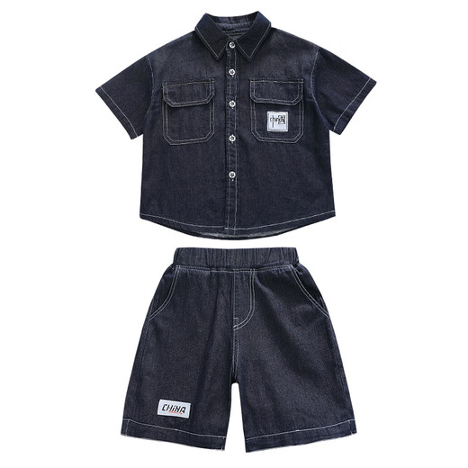 Ultraman boys summer denim suit short-sleeved shirt baby handsome summer clothes children fashionable shirt fashionable two-piece set trendy blue 90 cm