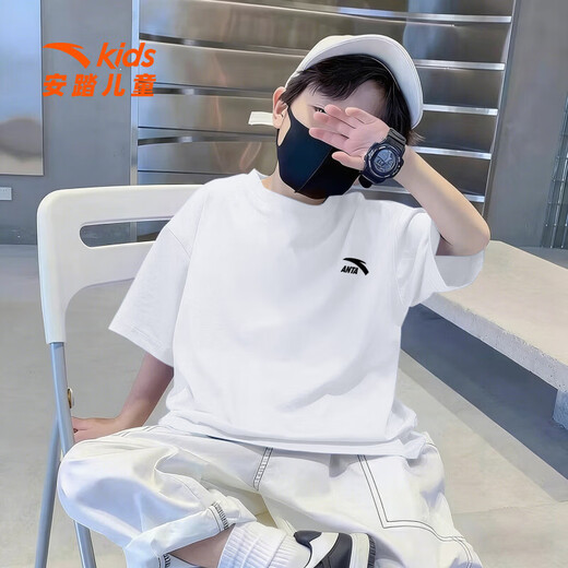 ANTA boys' short-sleeved T-shirt children's summer wear 2026 new pure cotton youth half-sleeved sports short T-shirt casual bottoming shirt skin-friendly pure cotton 8101-2 ink blue 140 cm