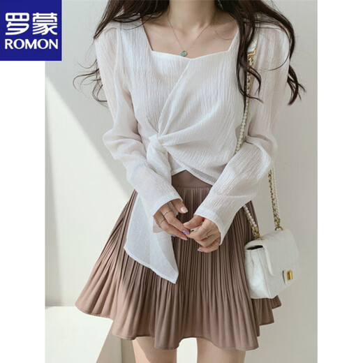 ROMON Hong Kong Style Slim Square Collar Shirt Women's Design Irregular Lace Top Long Sleeve Fashion Short Chic Shirt Black S