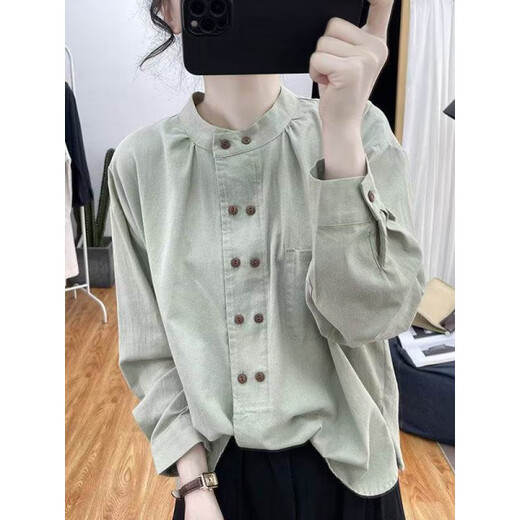 Woodpecker pure cotton long-sleeved shirt for women, this year's popular design, western-style age-reducing top, petite bottoming shirt, pea green 2XL recommended 130-145Jin Jin is equal to 0.5 kg