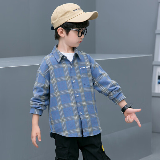 Children's clothing boys' long-sleeved shirt spring and autumn new pure cotton checkered shirt medium and large children's striped plaid shirt handsome and trendy blue 130 (recommended height is about 125)