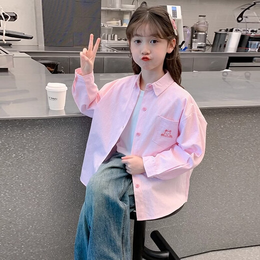 Girls' super nice shirt spring and autumn new children's striped loose long-sleeved shirt autumn girls trendy pink 130