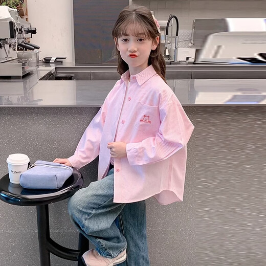 Girls' super nice shirt spring and autumn new children's striped loose long-sleeved shirt autumn girls trendy pink 130