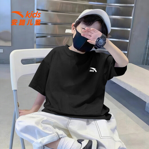 ANTA boys' short-sleeved T-shirt children's summer wear 2026 new pure cotton youth half-sleeved sports short T-shirt casual bottoming shirt skin-friendly pure cotton 8101-2 ink blue 140 cm