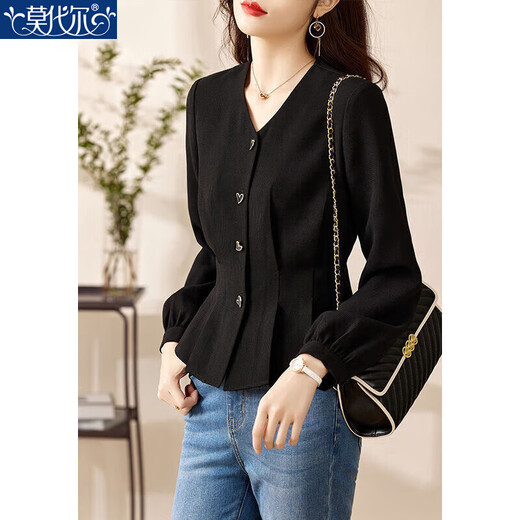 Modal V-neck black shirt women's long-sleeved 2026 spring and autumn new style chic and beautiful shirt high-end waist slimming top black XL recommended 115-125 Jin Jin equals 0.5 kg