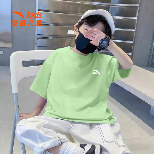 ANTA boys' short-sleeved T-shirt children's summer wear 2026 new pure cotton youth half-sleeved sports short T-shirt casual bottoming shirt skin-friendly pure cotton 8101-2 ink blue 140 cm