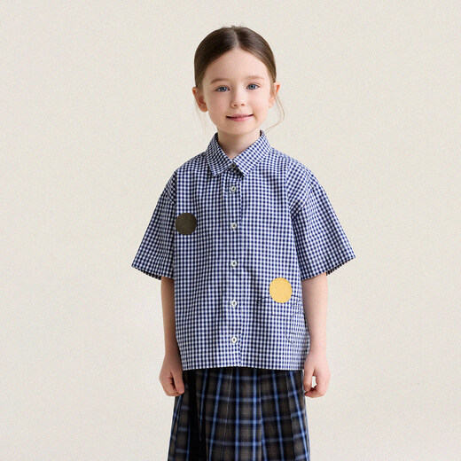 Yoona's Mom Girls 2026 Spring New Korean Plaid Short-Sleeved Children's Fashion Shirt Baby Shirt Top Trendy Blue and White Checkered Ready Stock 150