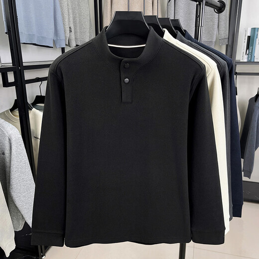 Lilan fashion German velvet bottoming shirt men's Chinese stand-up collar button sweatshirt autumn and winter new long-sleeved warm T-shirt off-white S 165