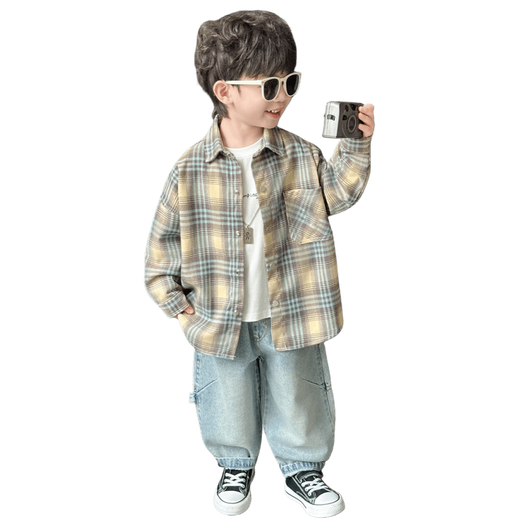 Boys spring and autumn plaid shirt 2026 new children's clothing handsome top baby Korean style long-sleeved shirt trendy khaki shirt 90 cm