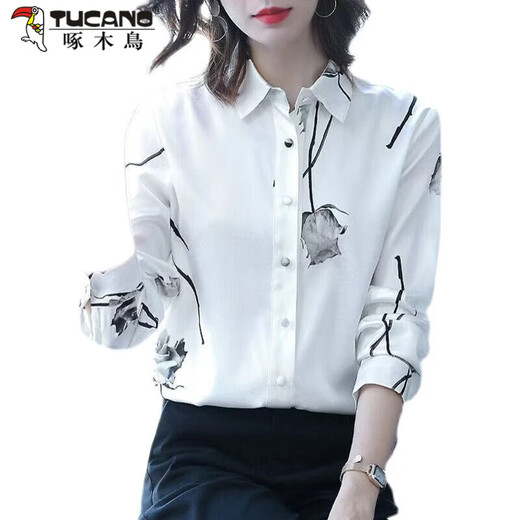 Woodpecker 2026 spring heavyweight women's shirt long-sleeved rose print fashionable Western style large size top non-velvet women's shirt white long-sleeved 05 style S recommended 75-85Jin Jin equals 0.5 kg