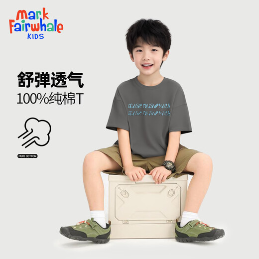 MARK FAIRWHALE 2026 children's clothing for middle-aged and older children and teenagers pure cotton short-sleeved trendy boys and girls outdoor sports and leisure skin-friendly quick-drying T M long English gray (hemmed short-sleeved) 170