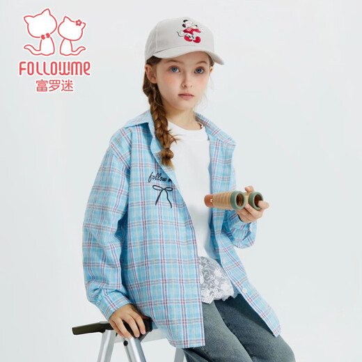 Fuluomi Spring and Autumn Girls' Fun Letter Loose Small Fresh Striped Shirt Blue Check 120