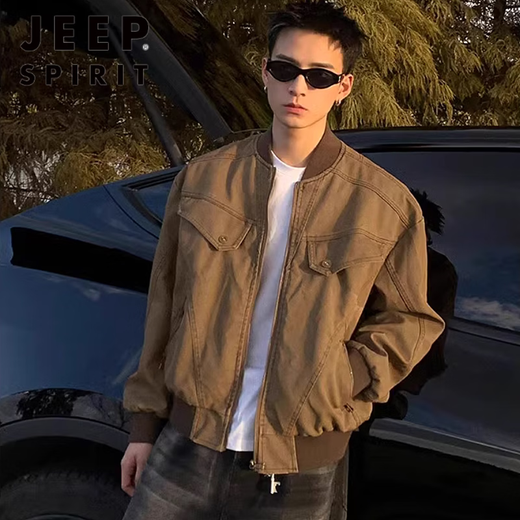 JEEP SPIRITcleanfit American stand collar work jacket men's spring and autumn short executive Detroit jacket baseball uniform brown high quality M