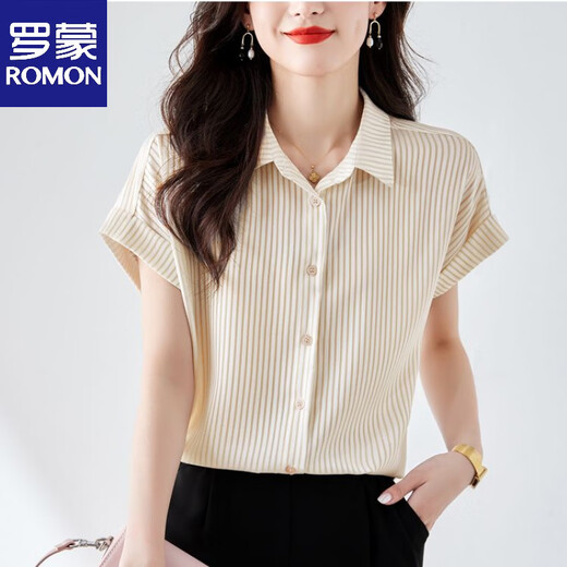 ROMON POLO collar short-sleeved striped chiffon shirt for women summer new fashion style shirt loose belly cover green S