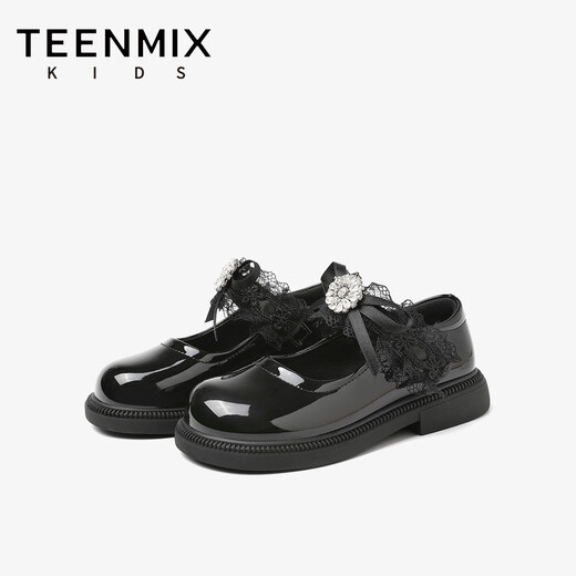TEENMIX Children's Shoes 2026 Spring New Girls' Versatile Leather Shoes Princess Shoes Bow Tie Performance Shoes Soft Sole Shallow Mouth Single Shoes Black 35