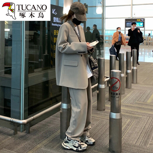 Woodpecker Milk Tea Gray Small Suit Jacket Women 2026 Spring and Autumn New Small Two-piece Casual Loose Suit Suit Milk Tea Gray Suit XS 80-Jin Jin is equal to 0.5 kg