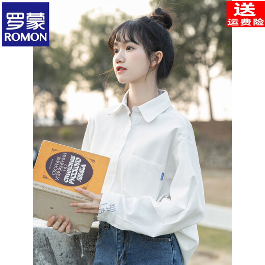 ROMON white shirt women's design niche spring and autumn new inner base shirt student pure cotton long-sleeved top jacket white (cotton fabric, versatile) XS recommended 75-90Jin Jin equals 0.5 kg for inner wear