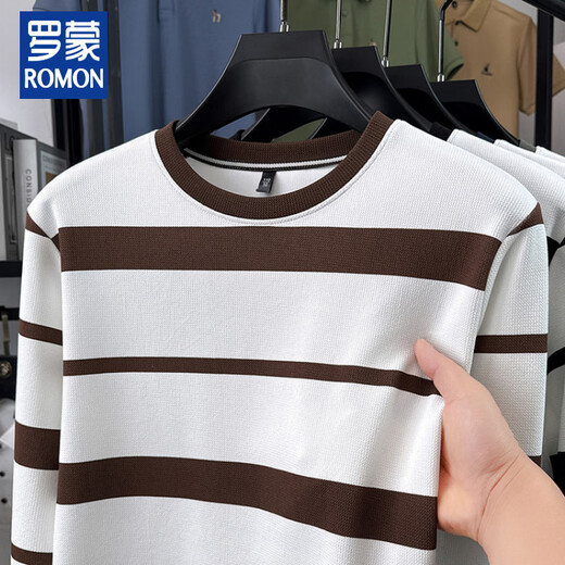 ROMON Men's Long Sleeve T-Shirt Striped Round Neck Contrast Color Top Spring and Autumn 2026 New Youth Round Neck Pullover Sweatshirt Brown M 48