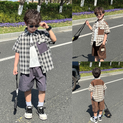 Ultraman Children's Handsome Plaid Shirt Set Boys Summer Thin 2025 New Little Boys Summer Short-Sleeved Three-piece Set Gray Plaid Shirt and Pants Two-piece Set 90 cm