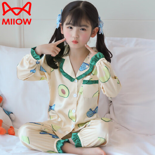 MiiOW children's pajamas for girls in spring and autumn long-sleeved ice silk home clothes for middle-aged and older children and girls summer thin silk air-conditioning clothes Mary Cat (double length) #QN-3047 165 S size suitable for height 140-150CM