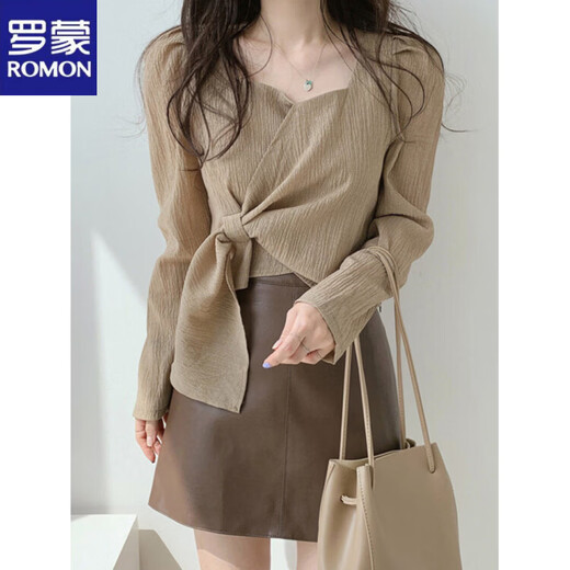 ROMON Hong Kong Style Slim Square Collar Shirt Women's Design Irregular Lace Top Long Sleeve Fashion Short Chic Shirt Black S