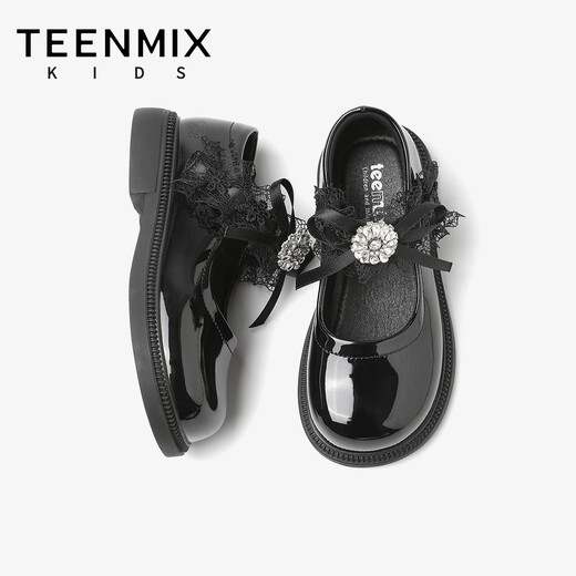 TEENMIX Children's Shoes 2026 Spring New Girls' Versatile Leather Shoes Princess Shoes Bow Tie Performance Shoes Soft Sole Shallow Mouth Single Shoes Black 35