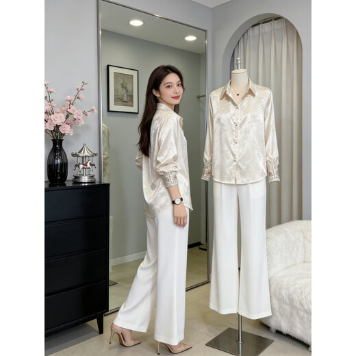 Lu Wang Lianxue New Chinese Satin Long Sleeve Shirt Women's Spring and Autumn 2026 New National Style Jacquard Western Style Versatile Shirt Top Pink L