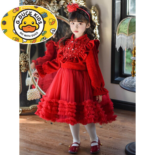HAL.DUCK Girls' Velvet Princess Dress Winter Clothes 2025 New Children's Red New Year's Dress Girls' Mesh Puff Skirt Red 100 cm