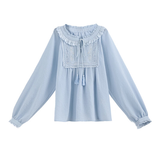 Forest Girl Tribal Sweet Style Embroidered Shirt Women's New Tassel Lace Design Forest Style Versatile Loose Top Summer Blue Top S Model Code