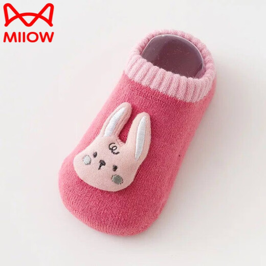 MiiOW baby floor socks, warm and glue-resistant, autumn and winter baby toddler socks, cute dolls, breathable children's cartoon socks, 003 pink rabbit, 1 pair, 1-3 years old, size M, foot length 12-14CM