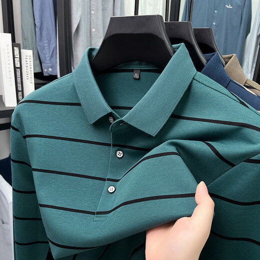 K-Boxing Men's (K-Boxing) mercerized cotton long-sleeved polo shirt men's striped lapel 2026 spring and autumn new middle-aged casual T-shirt dad wear navy blue M 48