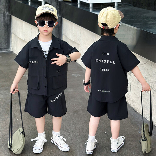 Ultraman Boys Workwear Suit Summer 2025 New Fashionable Cool Children's Shirt for Small and Medium-sized Children, Fashionable Baby Boy Summer Clothes Short Sleeves, Black 90 cm