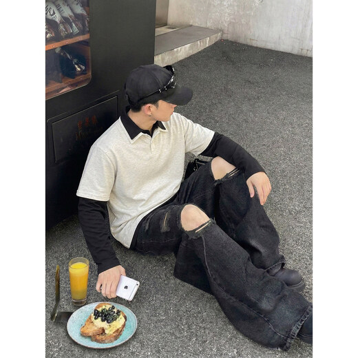 PLTH* American retro fake two-piece double-collar Polo shirt for men, loose digital direct-injection printing design, long sleeves, gray M